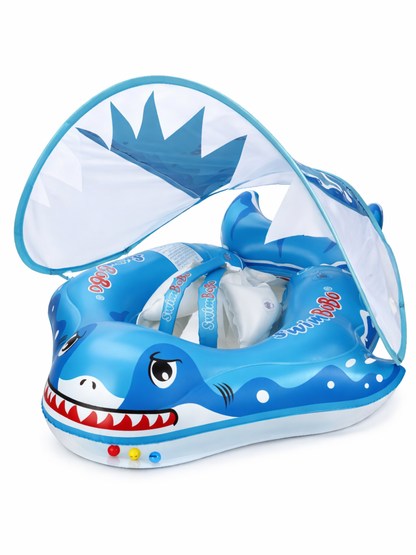 サメ型のベビー用フロート（屋根付き）で、青い本体に白い座面と安全ベルトが付いたデザインの製品画像。