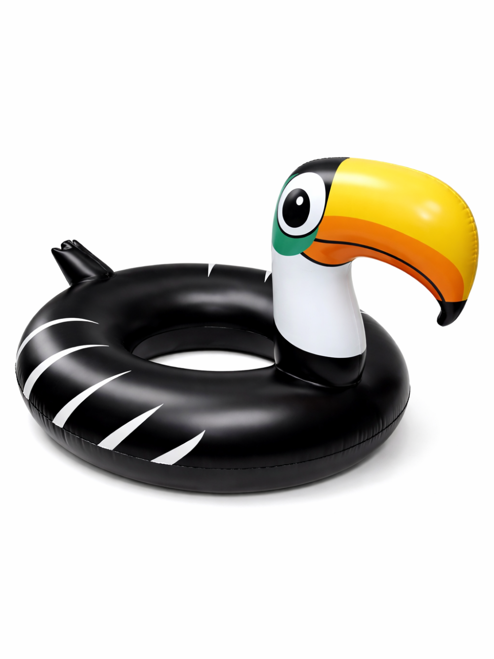 黒いボディと白いストライプ模様、黄色〜オレンジの大きなくちばしが特徴の、トゥーカン（オオハシ）型の浮き輪。白背景で、製品が斜め向きに配置されている。