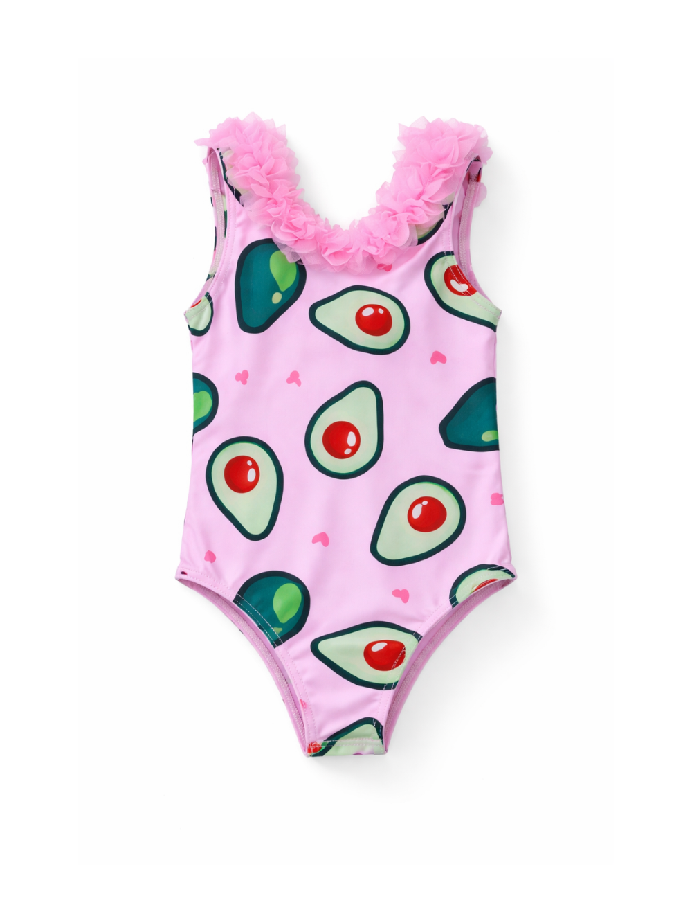 アボカド柄 ピンク キッズワンピース水着｜フラワーネックデザイン・80〜120cm