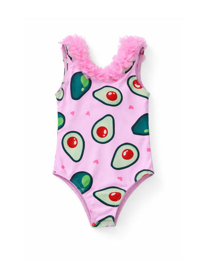 アボカド柄 ピンク キッズワンピース水着｜フラワーネックデザイン・80〜120cm
