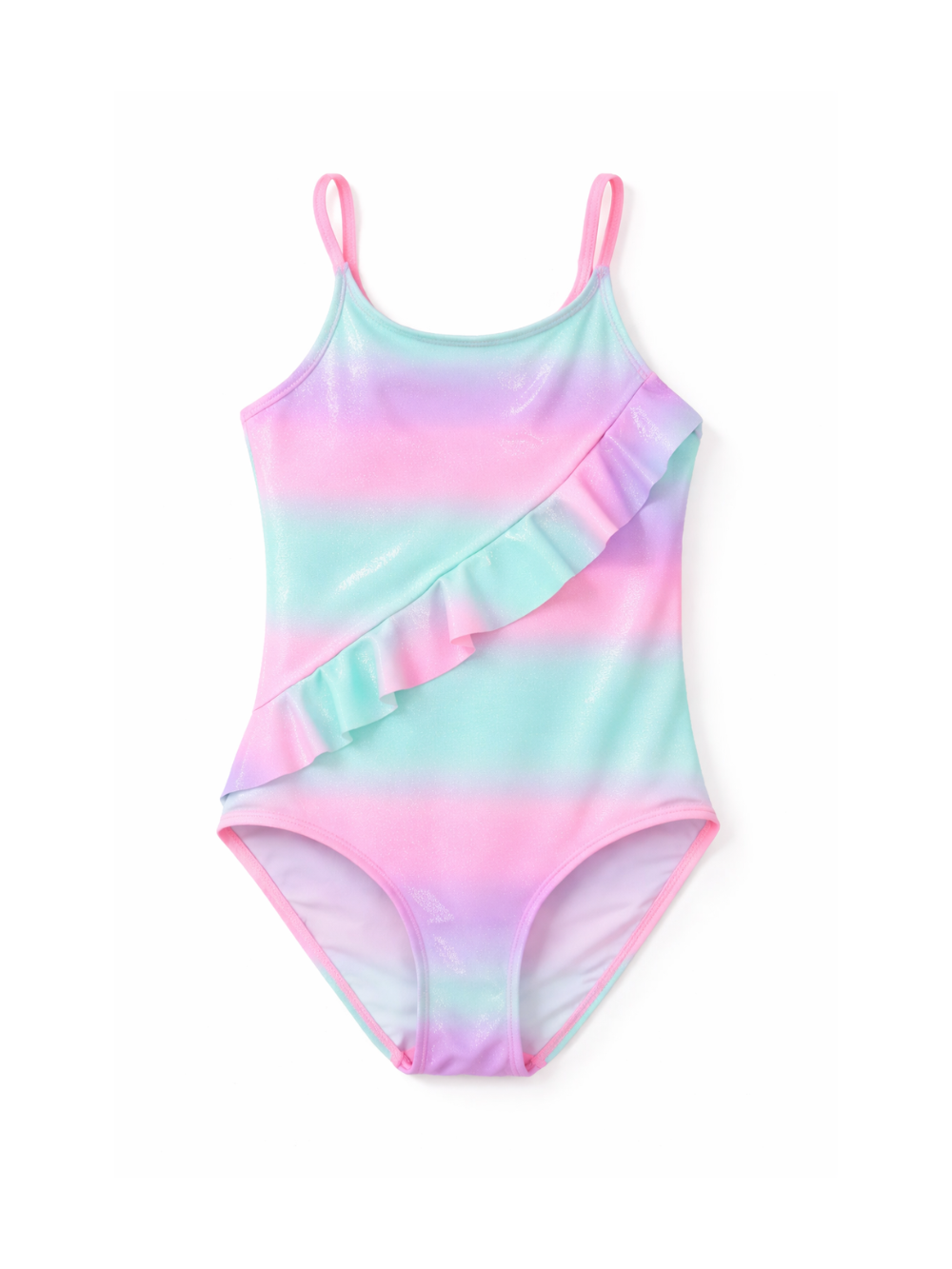 子ども用ワンピース水着（パステルのグラデーションカラー、片側フリル付き）を白背景で撮影した商品画像。
