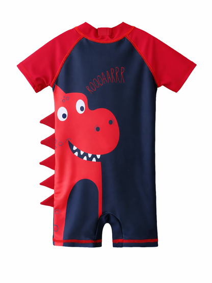 恐竜プリント ベビーボーイ用スイムロンパース｜半袖ラッシュタイプ・グリーン/レッド・1〜6ヶ月〜3〜4歳