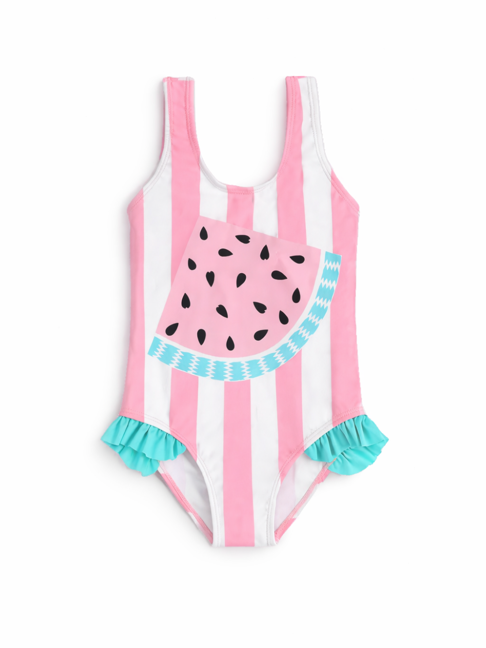 女の子用スイカ柄ワンピース水着 ピンクストライプ×フリル 伸縮フィットでプール・海に 18ヶ月〜9歳