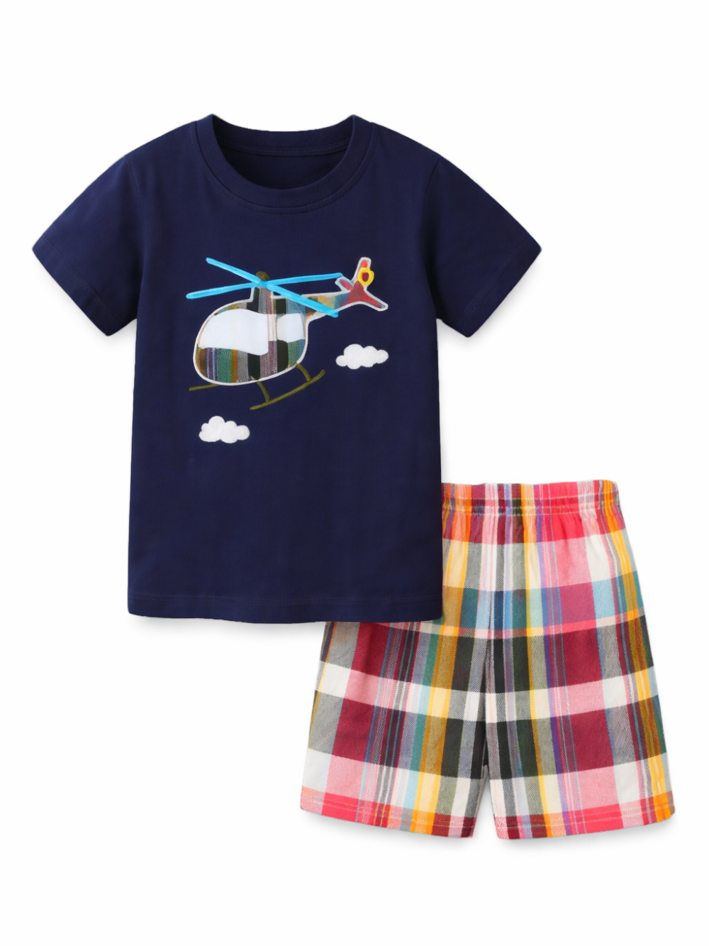 ネイビーの半袖Tシャツ（ヘリコプター柄）とカラフルなチェック柄ショートパンツのキッズ用2点セットを、白背景で並べて撮影した商品画像。