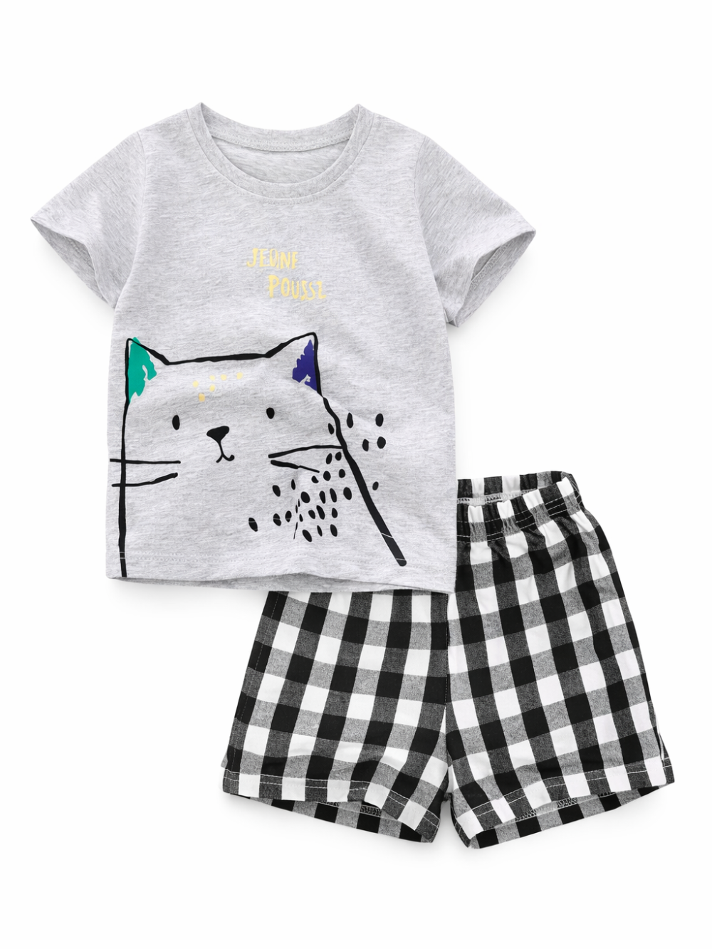 白背景に、子ども用の上下セット（杢グレーの猫プリントTシャツ＋白黒ギンガムチェックのウエストゴムショートパンツ）が並べて撮影された商品写真。