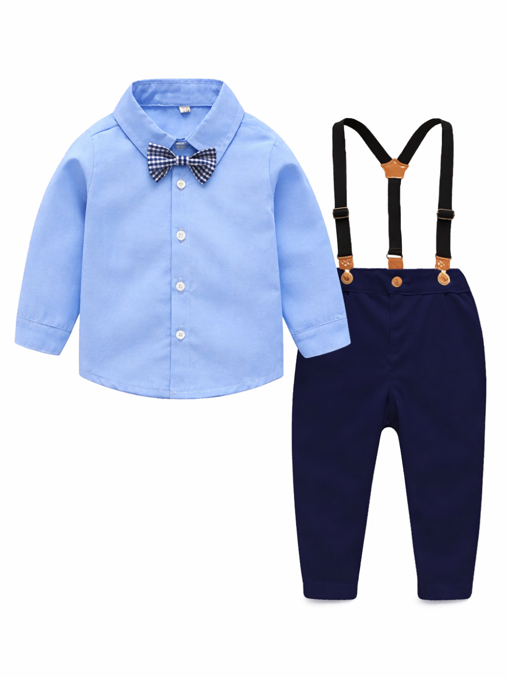 白背景に並べた男の子用フォーマル2点セット。水色の長袖シャツ（ボタン留め）にチェック柄の蝶ネクタイ付き、ネイビーのサスペンダー付きパンツと組み合わせた商品画像。
