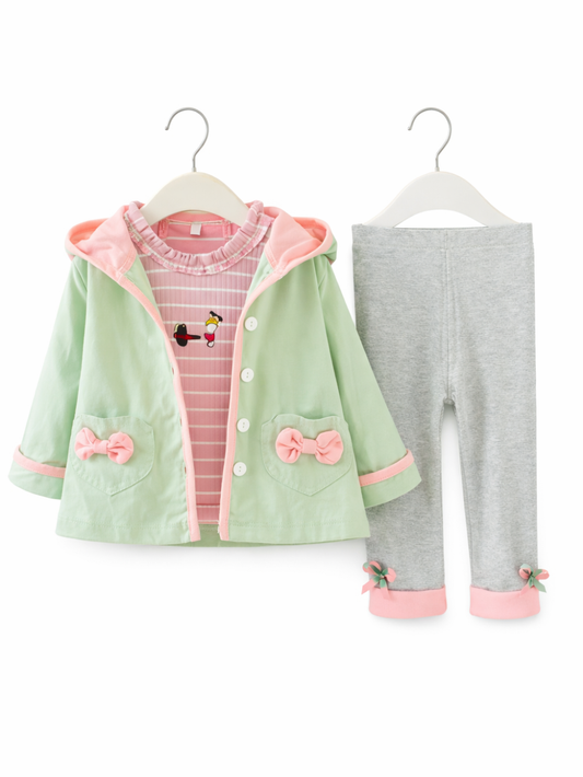 幼児用3点セット（ミントグリーンのフード付きジャケット、ピンクのボーダートップス、グレーのレギンス）を白背景でハンガーに掛けた商品画像。