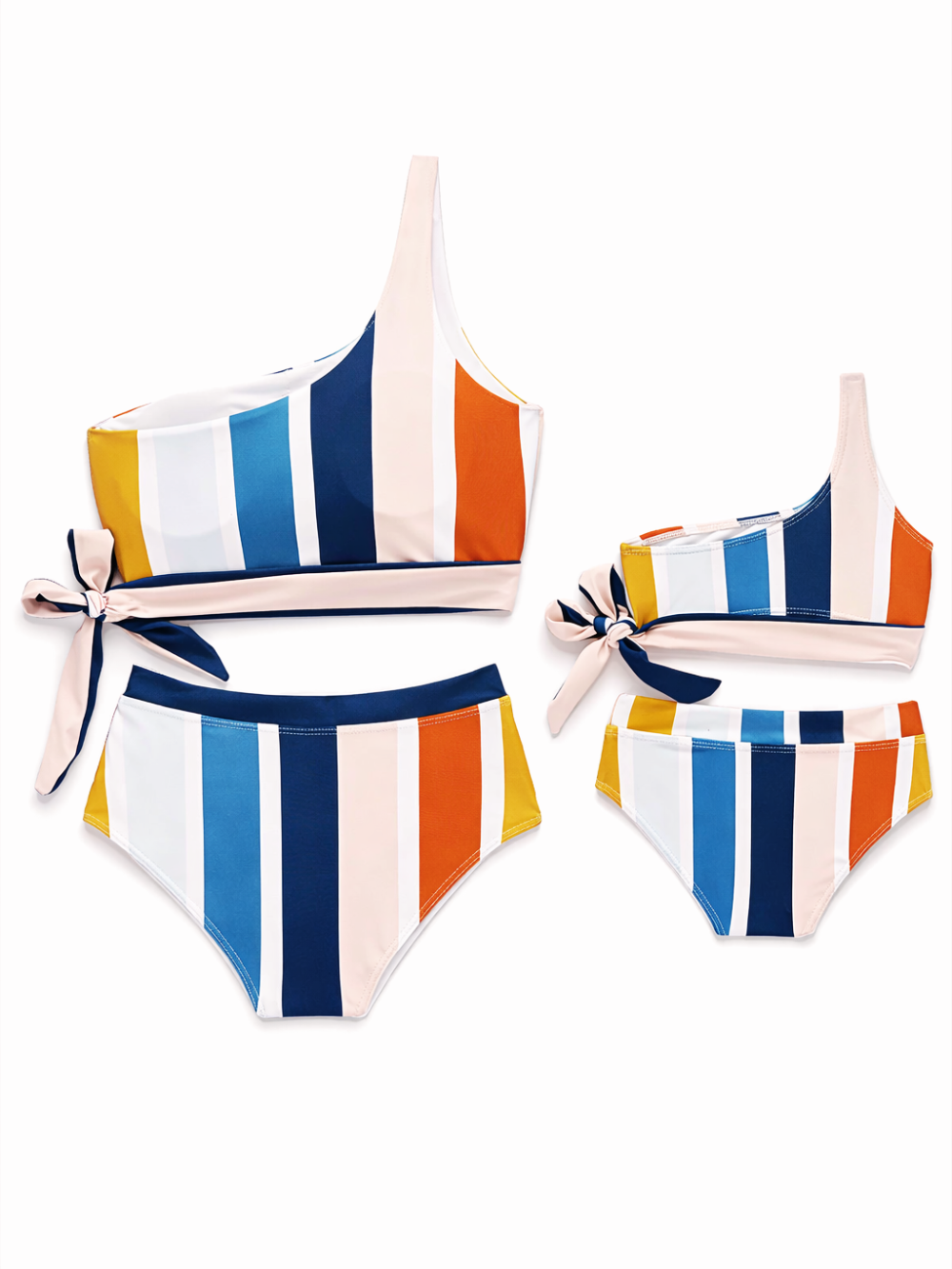 親子おそろいのワンショルダー水着セット（大人用・キッズ用の2ピース）。ブルー／ホワイト／ベージュ／オレンジ／マスタードの縦ストライプ柄で、サイドリボン付きトップスとハイウエストボトムが白背景に並んでいる。