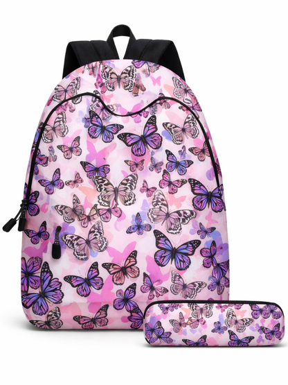 【30×17×40cm・約0.4kg】蝶柄プリントのキッズバックパック2点セット｜通気性＆14インチ差し込みで通学・外出が整う
