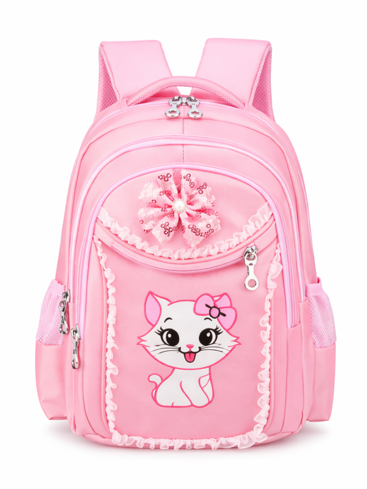 フリル縁取りと花モチーフが付いた、ピンクのキッズ用バックパック。前面にリボン付き子猫イラストと複数のファスナーポケット、サイドはメッシュポケット付き。白背景で正面から撮影。