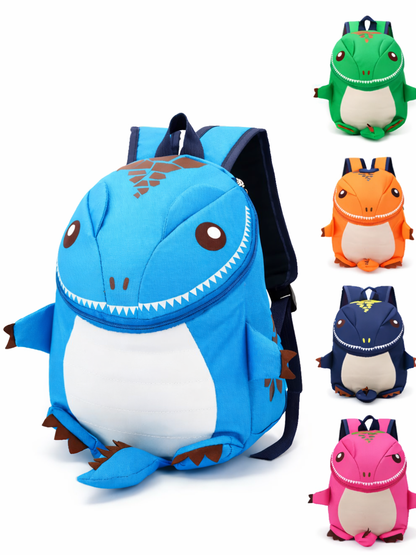 恐竜デザインのキッズリュック。大きなブルーをメインに、グリーン・オレンジ・ネイビー・ピンクのカラーバリエーションも並べた商品画像。白背景で撮影。