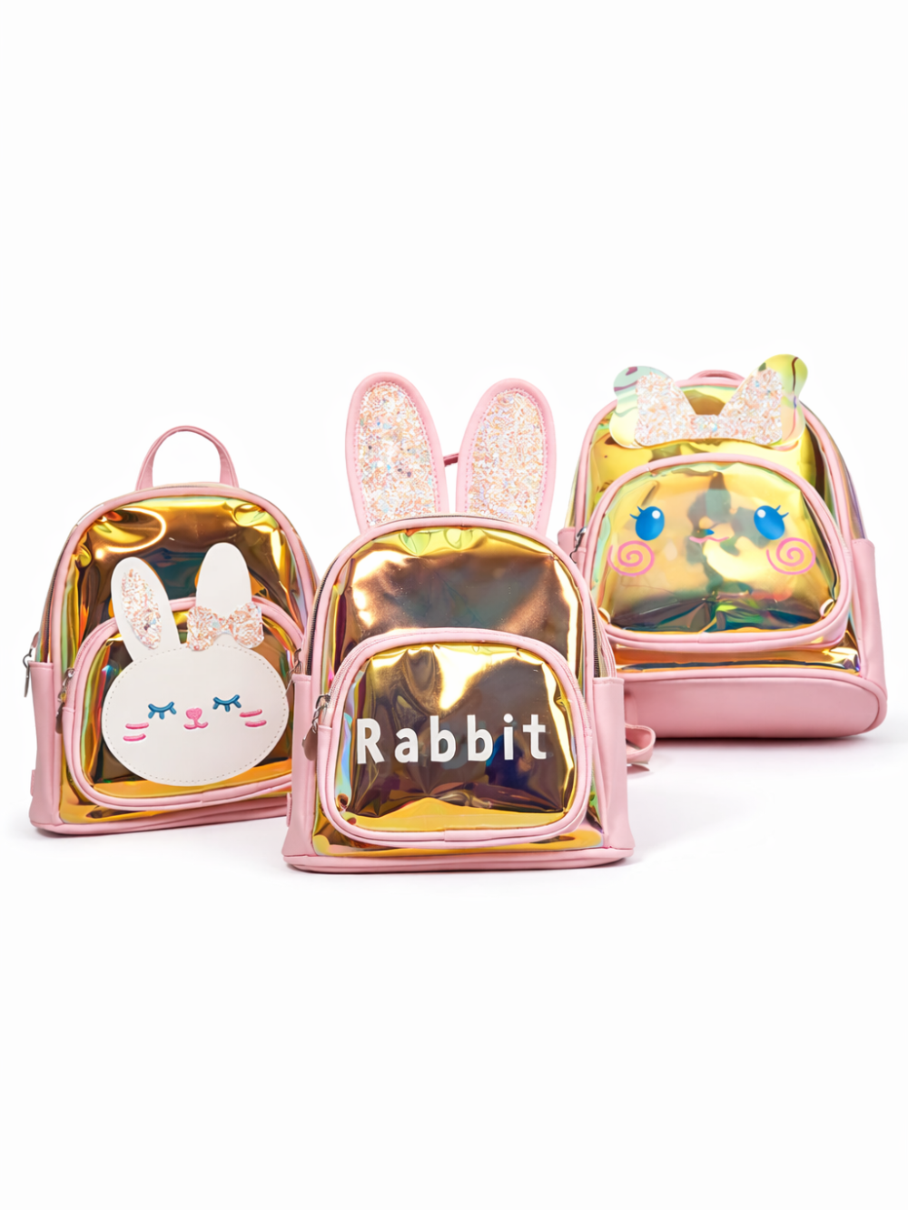 うさぎモチーフのキッズ用ミニリュック3点を並べた商品画像。ピンク×ホログラム素材で、グリッター耳やうさぎ顔デザインが特徴。白背景で正面から撮影。