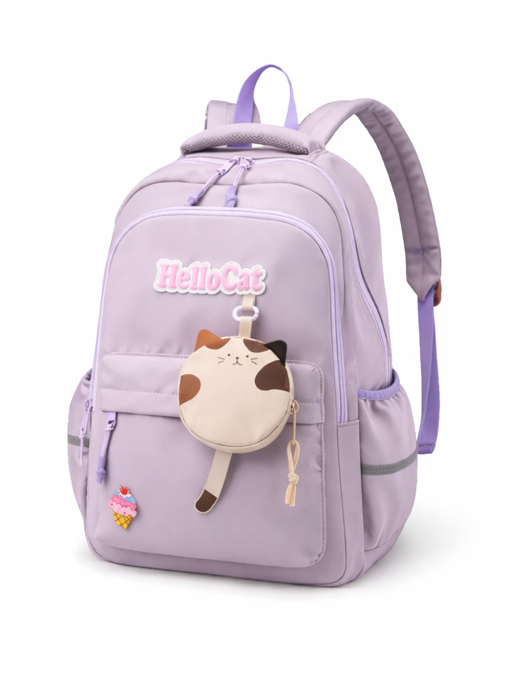ラベンダーグレーの大容量バックパック。前面に「HelloCat」ロゴ、猫型ミニポーチとアイスクリームのワッペン付き。白背景で斜め前から撮影。