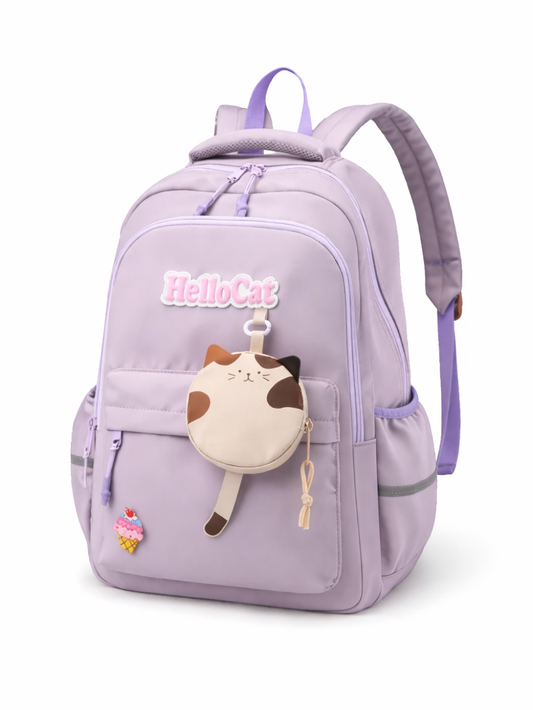 ラベンダーグレーの大容量バックパック。前面に「HelloCat」ロゴ、猫型ミニポーチとアイスクリームのワッペン付き。白背景で斜め前から撮影。