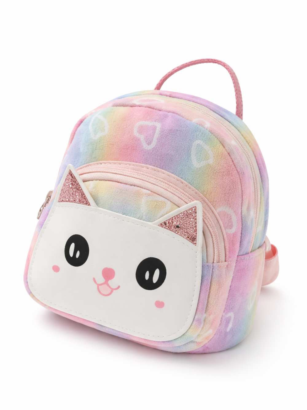白背景に、パステルのグラデーション柄の子ども用ミニリュックが斜め前向きに写っている。前面ポケットは白いネコの顔デザインで、耳はラメ素材。ピンクの持ち手があり、下に自然な薄い影が入っている。
