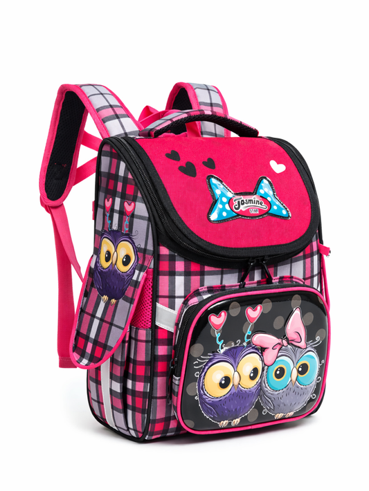 白背景に、ピンク×黒のチェック柄の子ども用リュックが斜め前向きに写っている。フタ部分は鮮やかなピンクでハート柄があり、前面ポケットにはフクロウのイラストが描かれている。サイドにもフクロウのプリントがあり、太めのショルダーストラップと複数のファスナー付き収納が見える。下に自然な薄い影が入っている。
