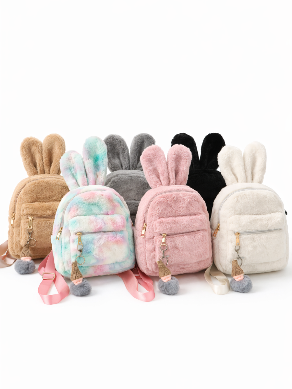 ふわふわのウサ耳付きミニリュック6色（ベージュ、タイダイ、グレー、ピンク、ブラック、アイボリー）を白背景で並べた商品写真。
