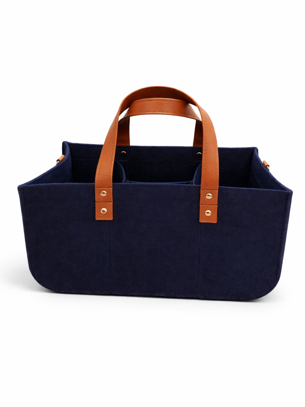 ネイビーのフェルト素材のマザーズバッグ（おむつ替えバッグ）。キャメル色のレザーハンドル付きで、白背景に単体で撮影されている。