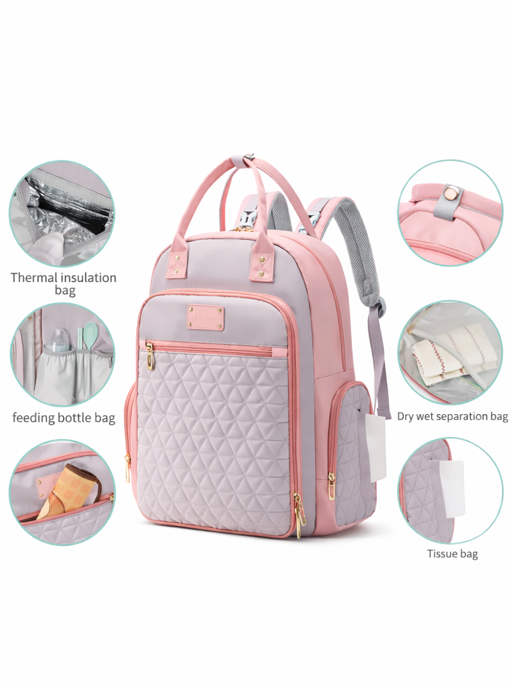 ピンク×ライトグレーのマザーズリュック（おむつバッグ）。キルティング前面ポケットとゴールドファスナー付きで、保温ポケット・哺乳瓶ポケット・濡れ物分離ポケット・ティッシュ用ポケットなどの機能を拡大写真で紹介している。