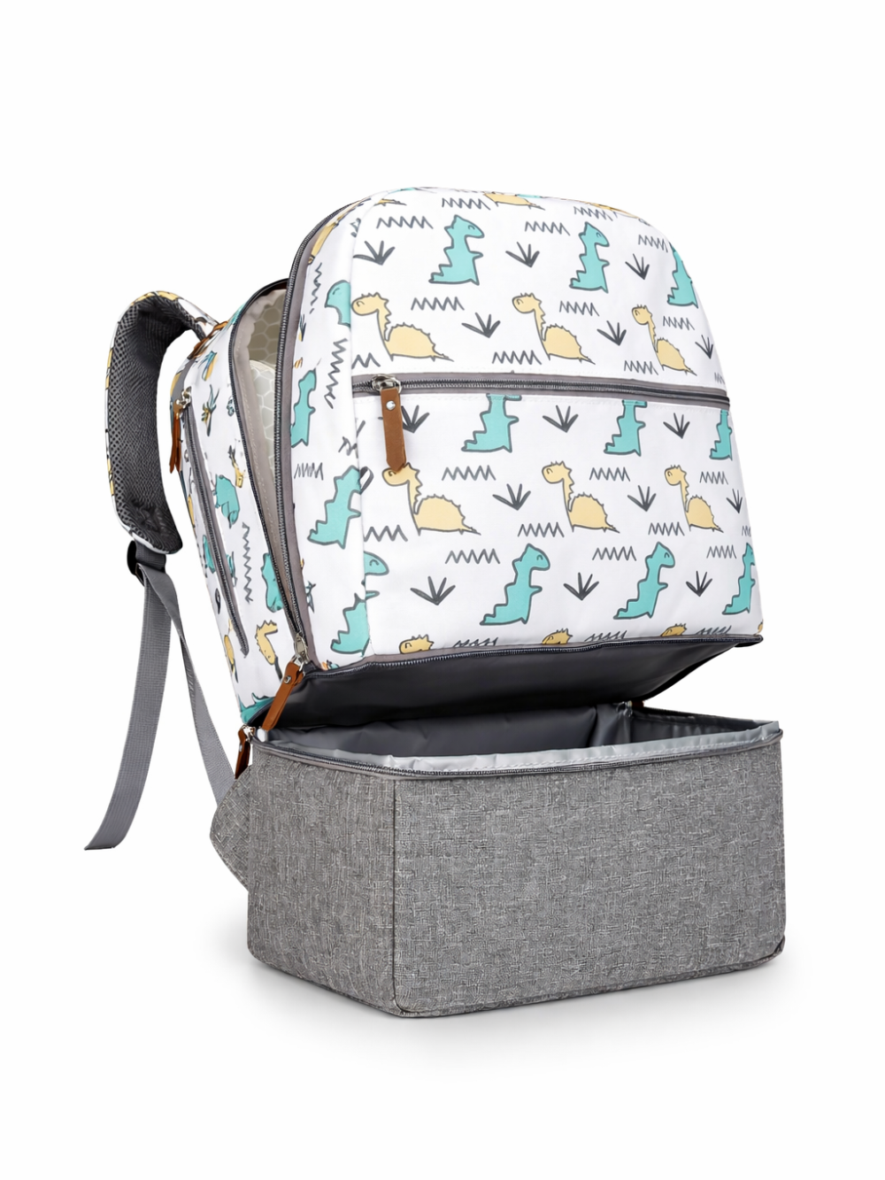 恐竜柄のマザーズリュック（おむつバッグ）。上部はホワイト地に恐竜プリント、下部はグレーの保冷・防水ポケットが開いた状態で、白背景に単体で撮影されている。