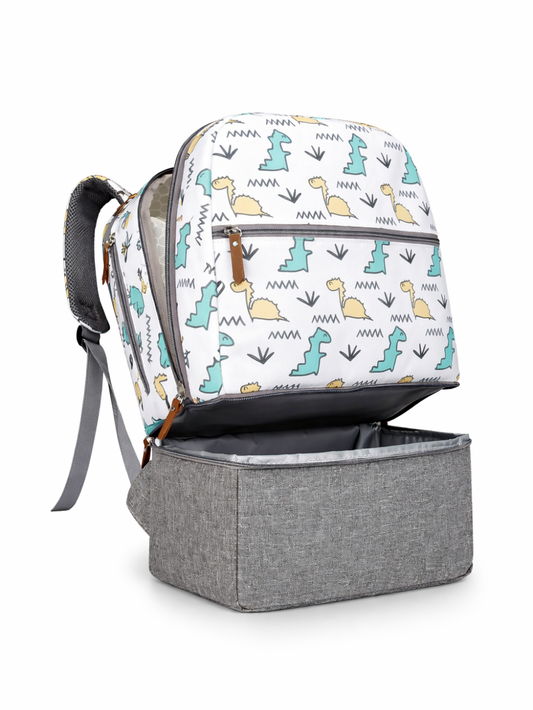 恐竜柄のマザーズリュック（おむつバッグ）。上部はホワイト地に恐竜プリント、下部はグレーの保冷・防水ポケットが開いた状態で、白背景に単体で撮影されている。