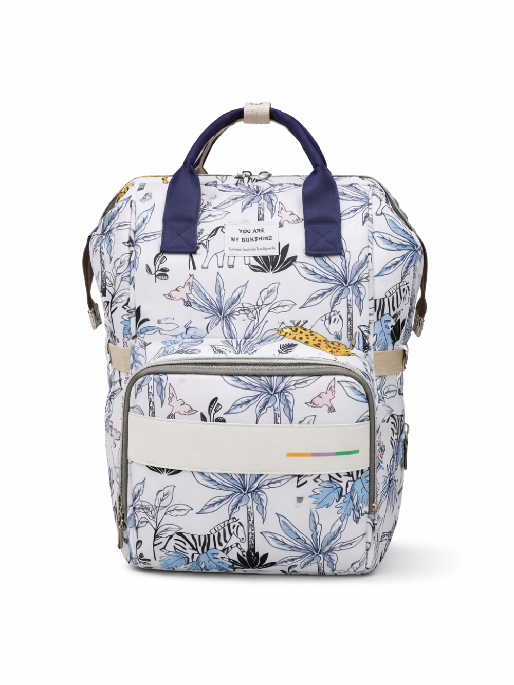 白地に動物と植物の線画プリントが入ったネイビー持ち手のマザーズリュック（おむつバッグ）。