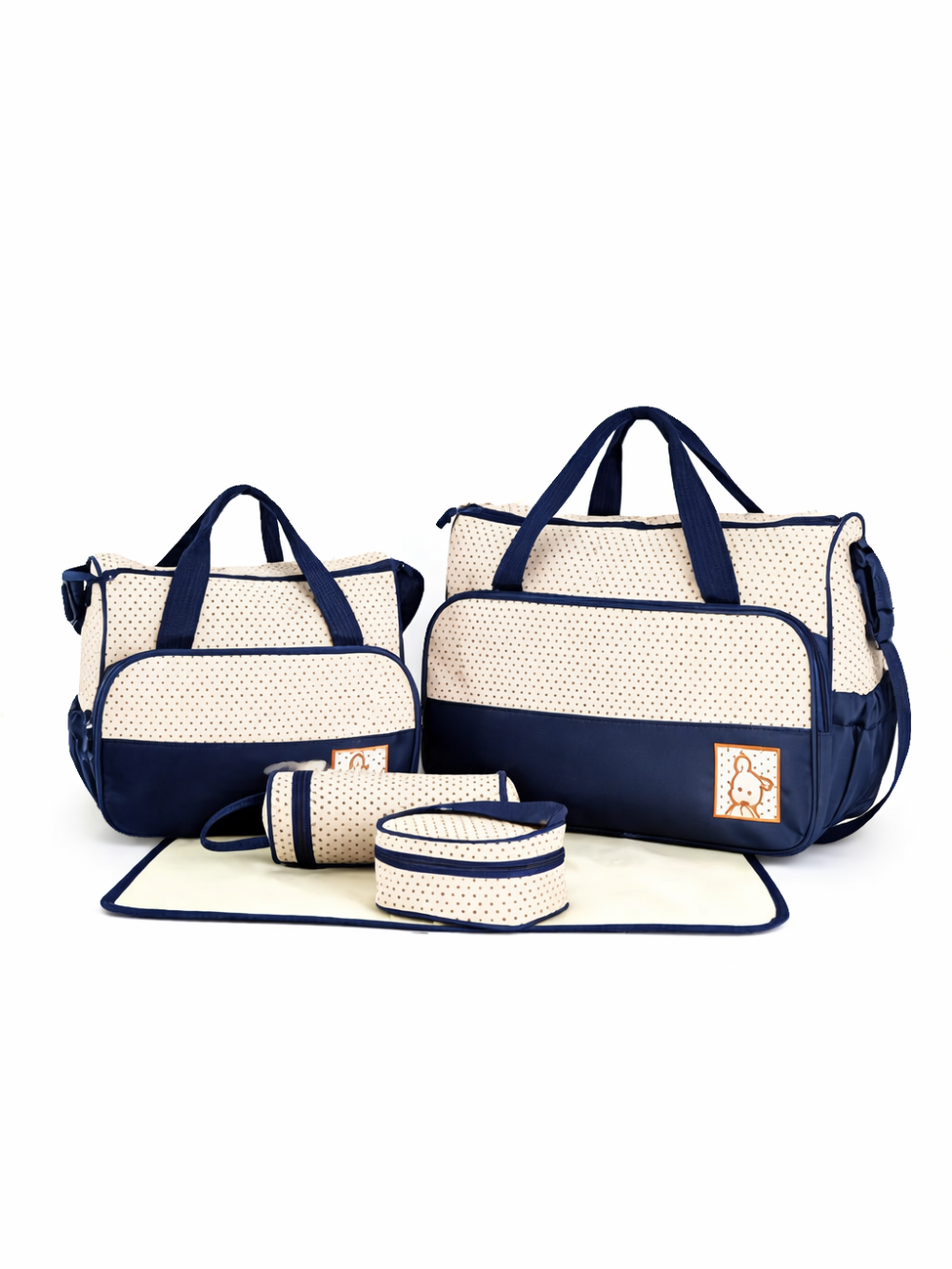 ネイビー×ホワイトの小さなドット柄で統一されたマザーズバッグ4点セット（大小のバッグ2点、ボトルホルダー、丸型ポーチ）を、白背景で並べた商品写真。