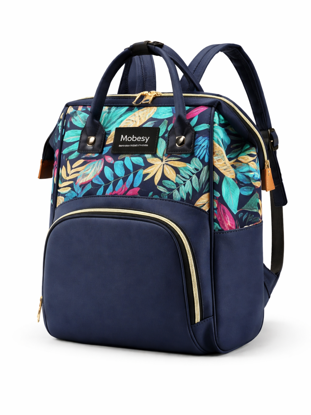 ネイビーのベビーカー用マザーズリュック（トロピカルリーフ柄、ゴールドファスナー）を白背景で撮影した商品画像。
