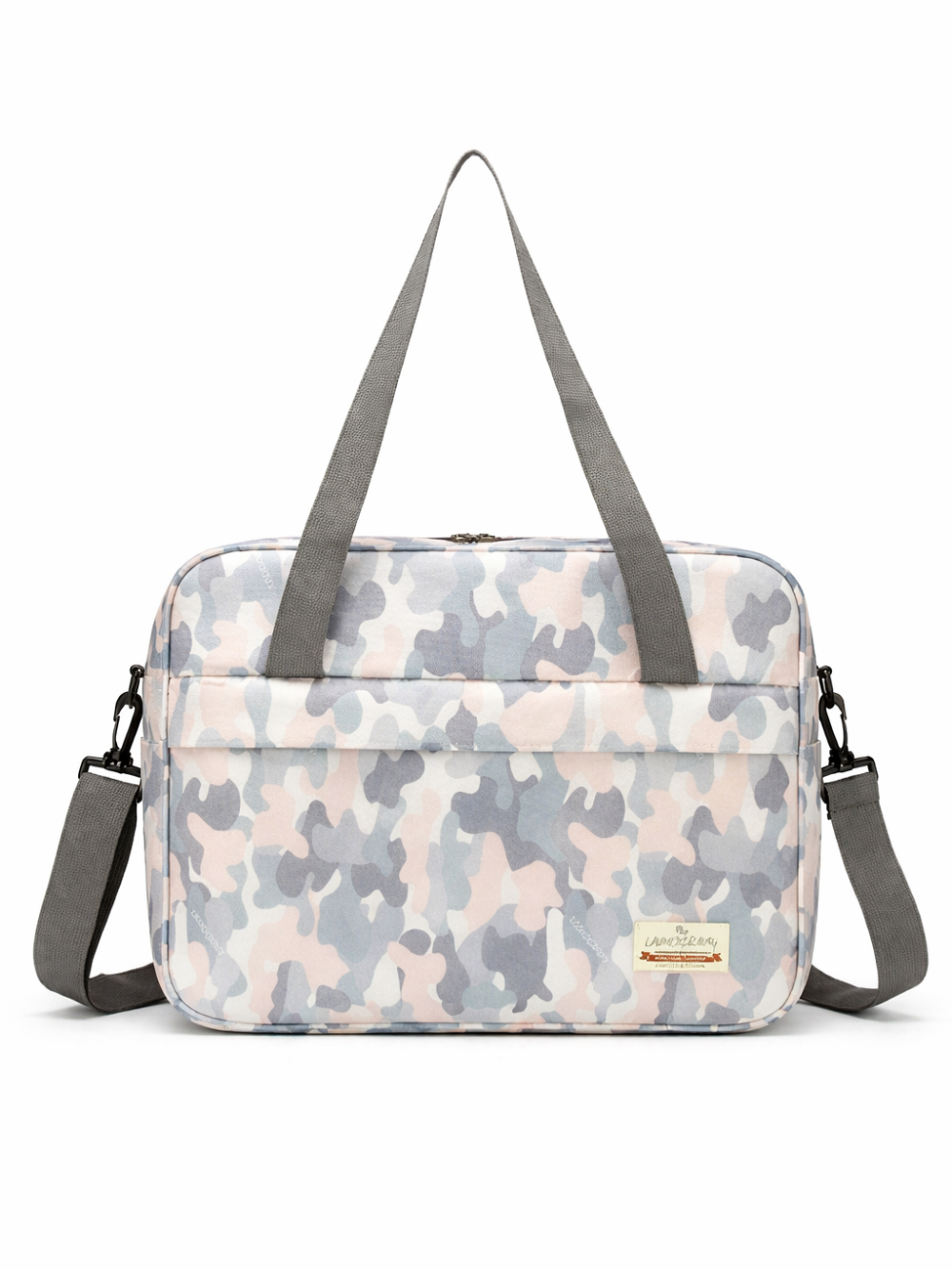 パステル調のカモフラージュ柄メッセンジャーバッグ（ショルダーストラップ付き）が、白いスタジオ背景に正面から単体で写っている。
