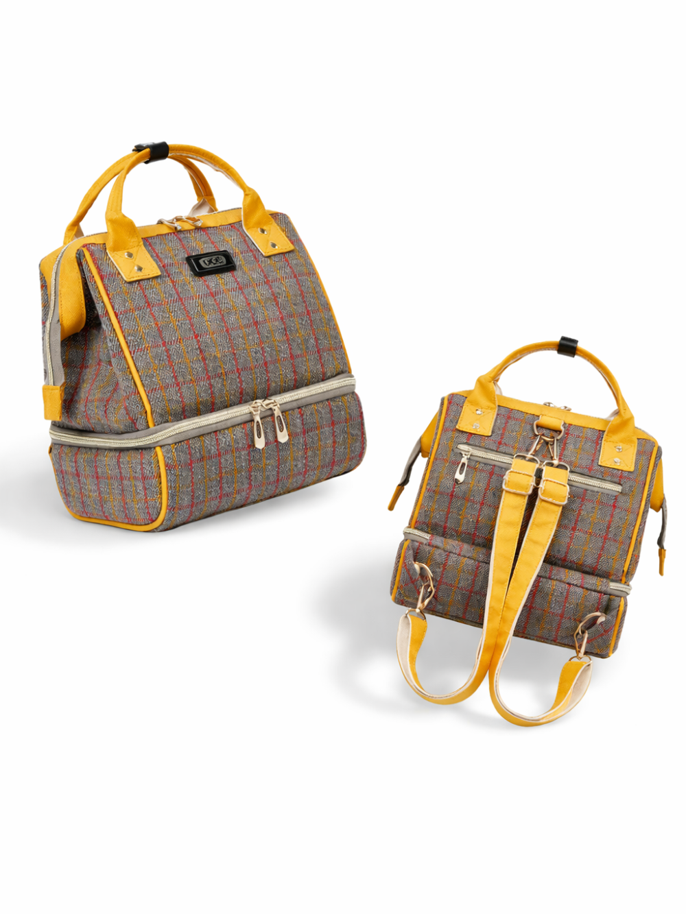 白背景に、グレーのツイード生地に赤・黄・青のチェック柄をあしらったマザーズリュック（おむつバッグ）を2点、異なる角度で並べて写した商品画像。マスタードイエローの持ち手とストラップ、ファスナー、金具、調節可能なショルダーストラップが見える。