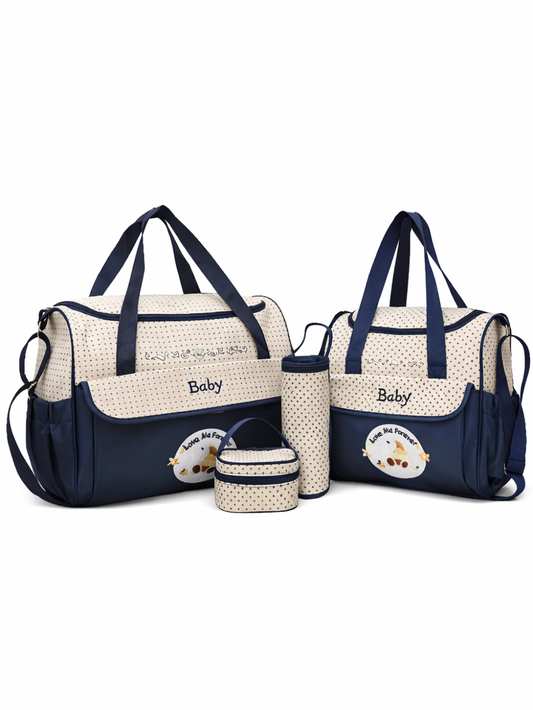 ベージュ×ネイビーのドット柄ベビー用マザーズバッグ4点セット（大きめバッグ2個、ボトルホルダー、ミニポーチ）を、白い無地背景に並べた商品写真。