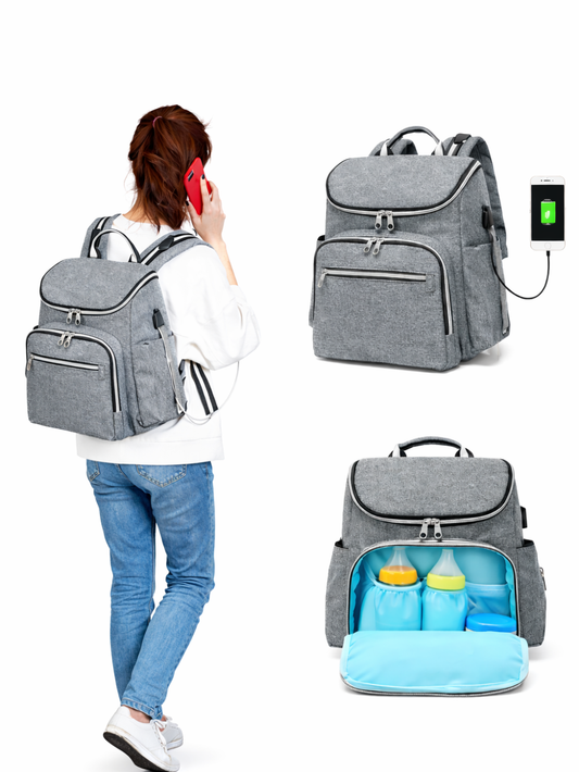 グレーの多機能マザーズリュック（哺乳瓶収納ポケット付き）を、白背景で3カット（背負い姿・USB充電ポート・フロント収納）で紹介している商品画像。