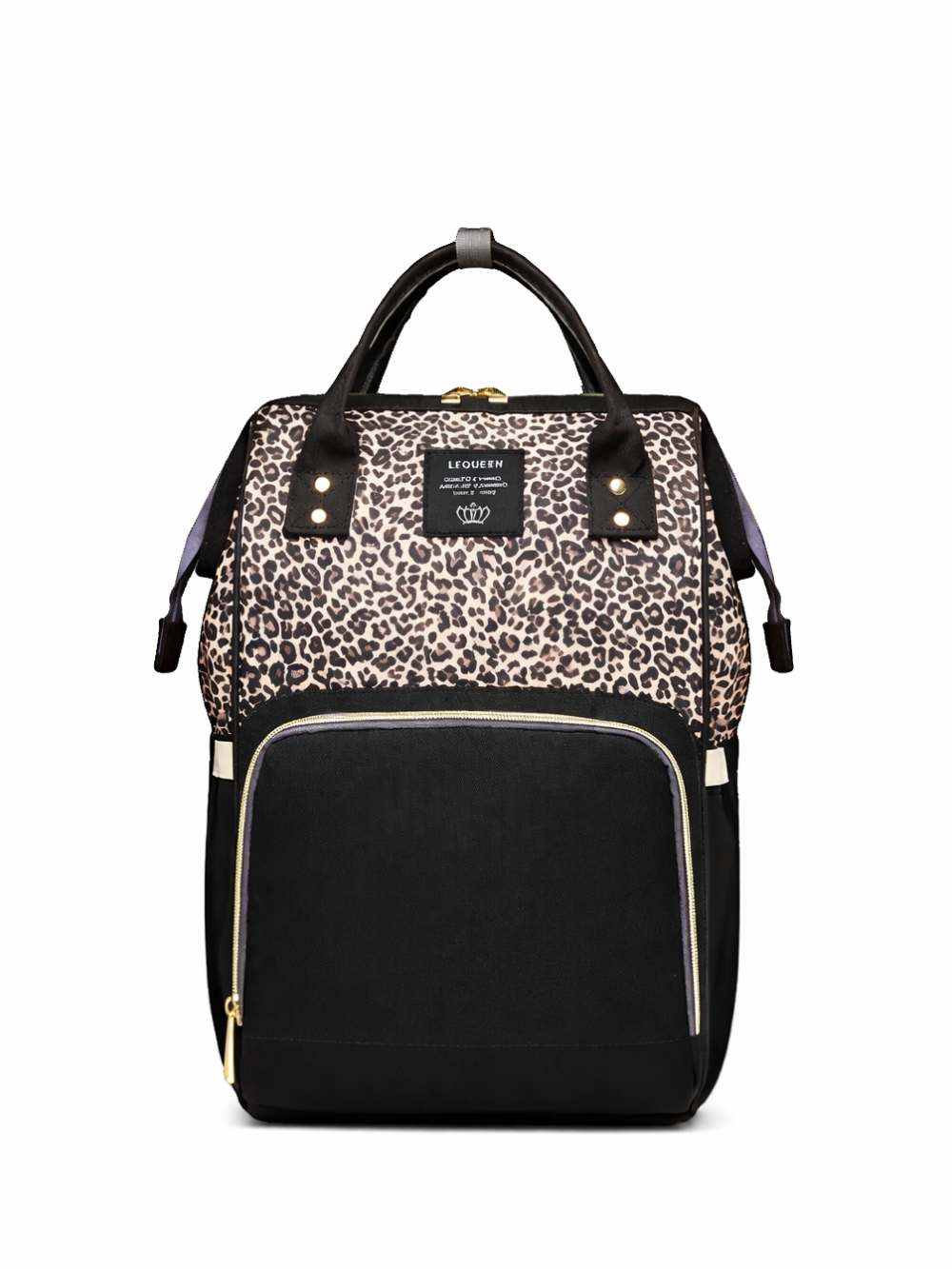 白い背景の上に、レオパード柄とブラックの切り替えデザインのマザーズリュックが正面から写っている。黒い持ち手とショルダーストラップ、ゴールドのファスナー、前面に大きなポケットとブランドタグが付いている。