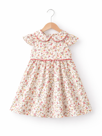 白地に小花柄の子ども用ワンピース。ピンクのパイピングが入った丸襟とフリル袖が特徴で、木製ハンガーに掛けて正面から撮影されている。