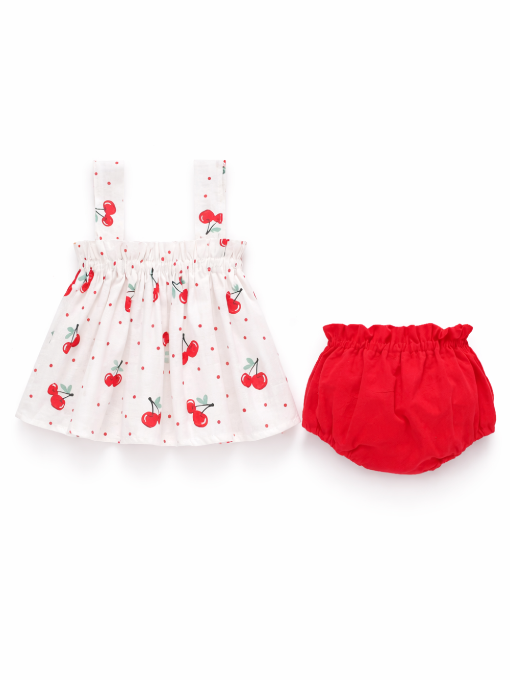 白地にチェリー柄のキャミソールトップスと、赤のブルマ（かぼちゃパンツ）の2点セットが並んでいる。