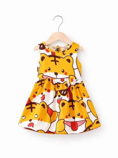 白背景のスタジオ撮影。木製ハンガーに掛けたノースリーブの子ども用ワンピースで、黄色を基調にクマの顔のイラスト柄が全体にプリントされている。
