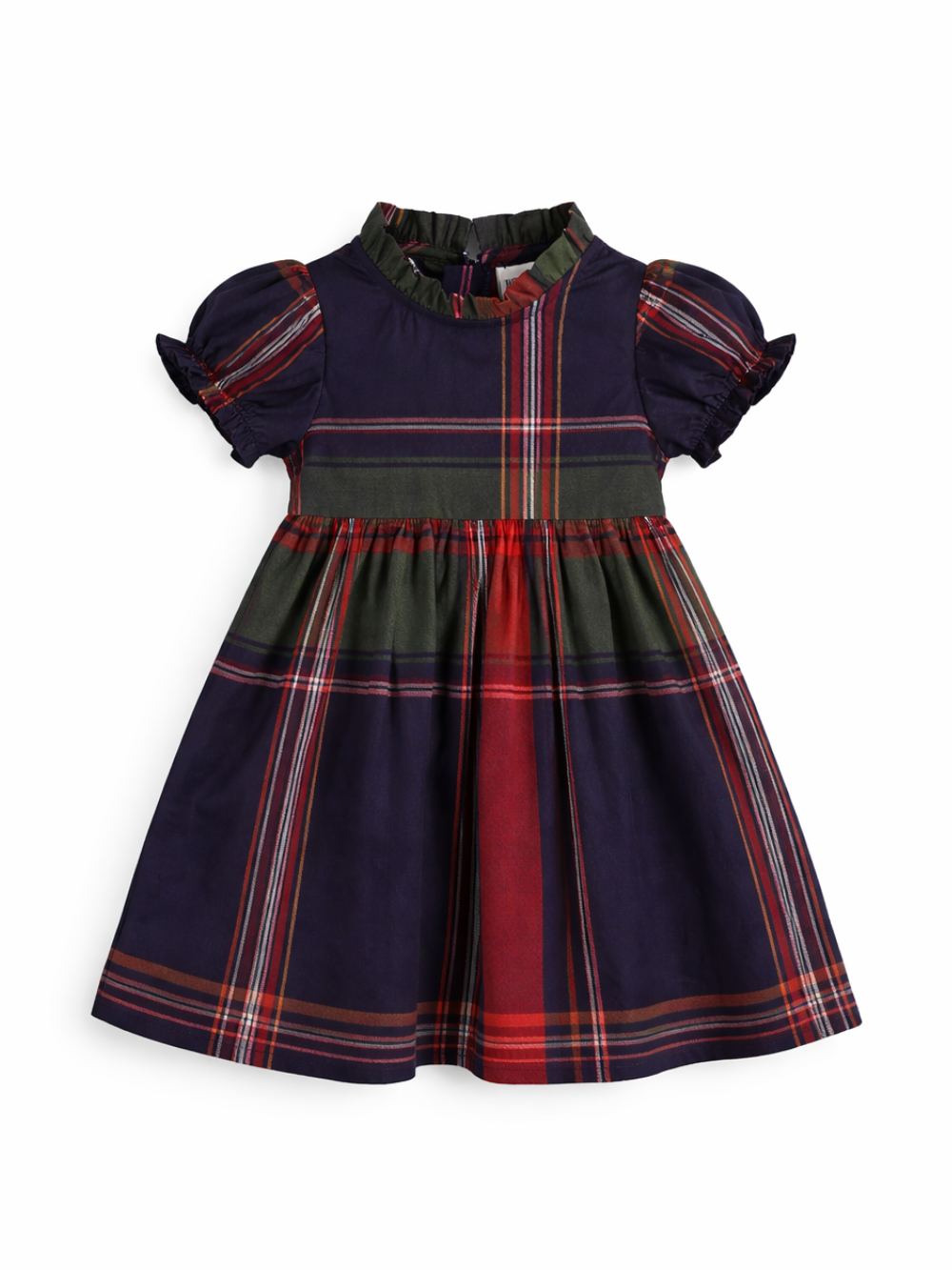 ネイビー地に赤・緑・白のチェック柄が入った子ども用ワンピース。パフスリーブとウエストギャザー、フリル付きのスタンドカラーが特徴で、白い背景に単体で配置されている。