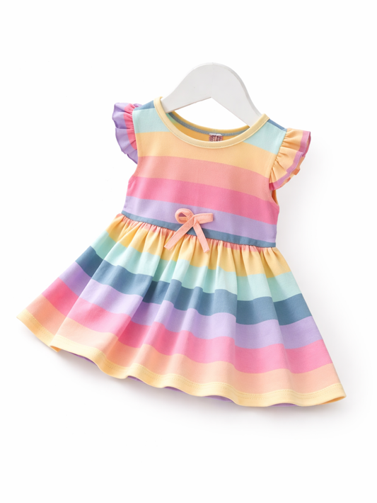 白背景に、白いハンガーに掛かったベビー用ノースリーブワンピース。ピンク、オレンジ、イエロー、ミント、ブルー、ラベンダーのパステル虹色ボーダーで、肩にフリルがあり、ウエストにピーチ色の小さなリボンが付いている。
