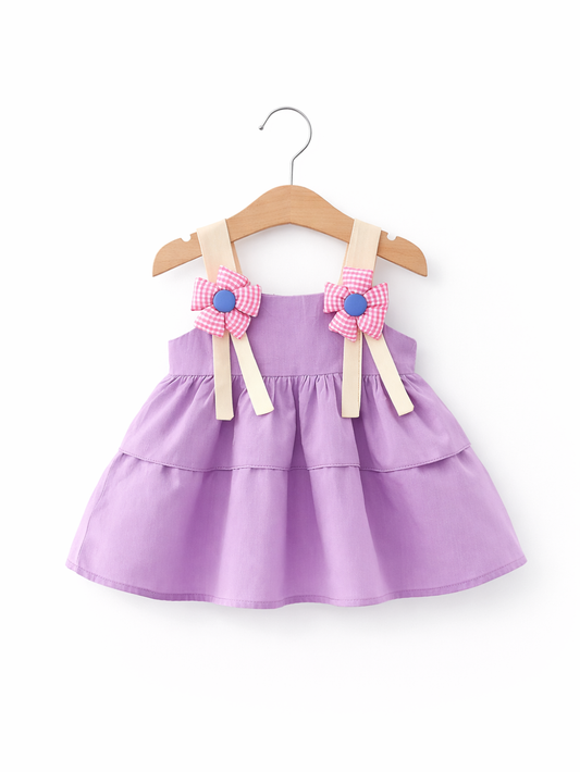 淡いパープルのベビー／キッズ用キャミソールドレス。木製ハンガーに掛けられ、クリーム色の肩紐にピンクのギンガムリボン（青いボタン付き）が左右に付いたティアードデザイン。背景は白。