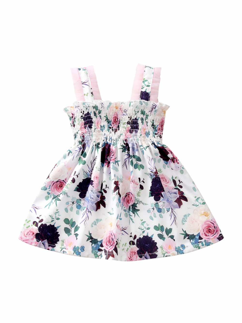 白背景に配置されたガールズ用ノースリーブワンピース。胸元はシャーリング仕様で、淡いピンクのフリルストラップ付き。白地にピンクのバラや紫・青の花、グリーンの葉が描かれた華やかなフラワープリント。
