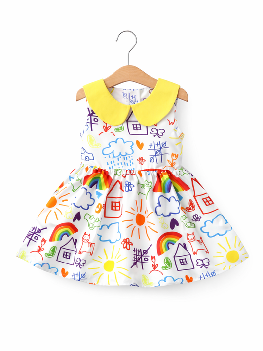 白背景に木製ハンガーで吊るされたノースリーブのキッズワンピース。黄色の丸襟がアクセントで、白地に虹・太陽・雲・家・ハートなどのカラフルな手描き風イラスト柄。ギャザー入りのフレアスカートデザイン。
