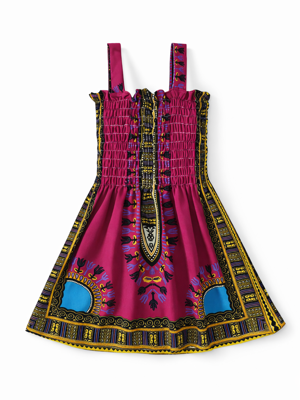 白背景に配置されたノースリーブのキッズワンピース。マゼンタ（濃いピンク）を基調に、黒・黄・青の民族調プリントとボーダー柄が入ったデザイン。胸元はシャーリング仕様で、肩ストラップ付きのフレアシルエット。
