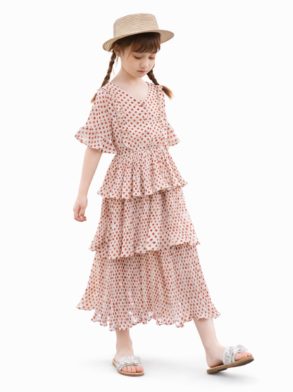 軽やかに揺れて上品に映える 女の子シフォンワンピース ドット柄ティアードデザイン ポリエステル 110~160cm