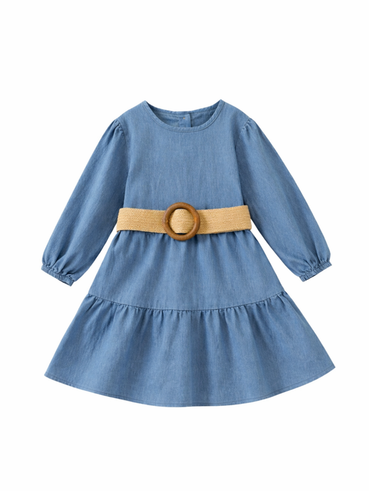 きちんと上品に映える 女の子長袖デニムプリンセスワンピース ベルト付きブリティッシュ風 サンディング加工コットン 80~120cm