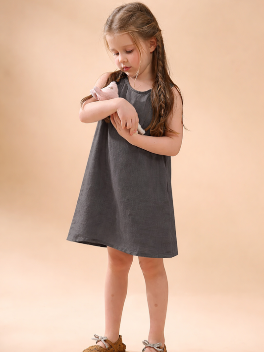 さらっと軽やかに毎日が可愛くまとまる 女の子ノースリーブワンピース 無地ベストデザイン リネン×コットン裏地コットン 90~130cm