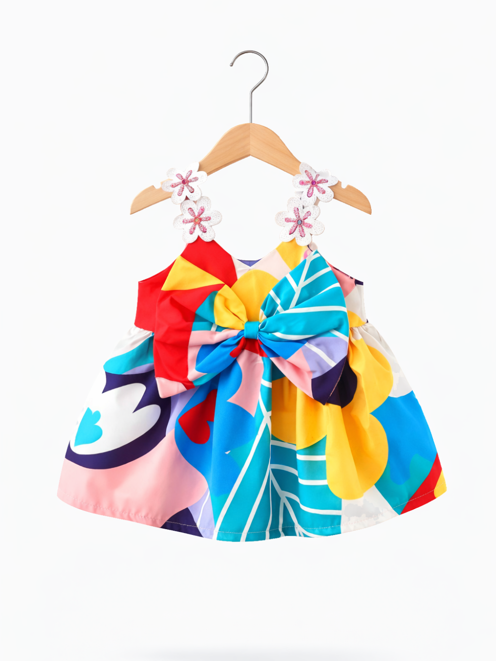 白背景に木製ハンガーで吊るした、花のレース付きストラップと大きなリボンが特徴のカラフルなノースリーブベビードレス。
