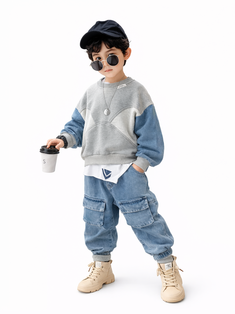 白い背景に、キャップとサングラスを着用した男の子が立っている。グレー×デニムブルーの切り替えスウェットとデニムのカーゴパンツを着て、ベージュのブーツを履いている。片手に紙コップを持ち、もう片方の手はポケットに入れ、首元にペンダントネックレスと腕時計を付けている。
