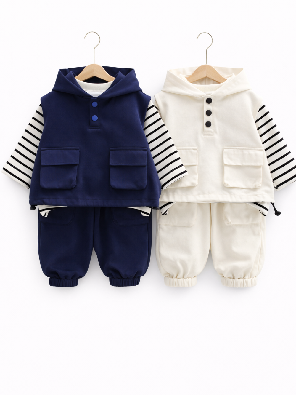白背景のスタジオで、ネイビーとアイボリーのベビー用上下セット2着が木製ハンガーに掛けられて並んでいる。両方ともフード付きトップスにボーダー柄の長袖インナー、ジョガーパンツの組み合わせで、胸元にボタンと前ポケットが付いている。