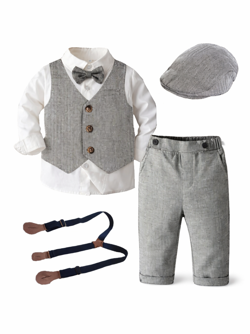 白背景に並べられた幼児用フォーマル4点セット（白シャツ＋グレーのベストと蝶ネクタイ、グレーパンツ、グレーのハンチング帽、ネイビーのサスペンダー）

