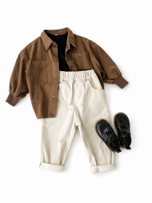 ベージュのラグの上に並べられた子ども服のフラットレイ。ブラウンのシャツジャケットとアイボリーのパンツ、黒い靴とロゴ入りの紙袋が置かれている。
